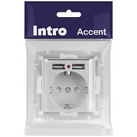 Розетка Intro Accent 6-410-03 , P+E Schuko со шторками, 16А-250В + 2хUSB, IP20, СУ, алюминий | код Б0063694 | ЭРА