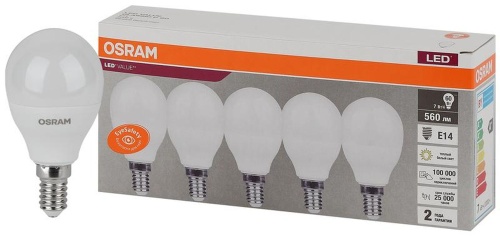 Лампа светодиодная LED Value LVCLP60 7SW/830 шар матовая E14 230В 2х5 RU (уп.5шт) | код 4058075578104 | LEDVANCE