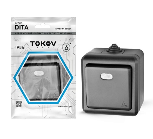 Выключатель 1-кл. ОП Dita IP54 10А 250В с индикацией карбон | код TKL-DT-V1I-C14-IP54 | TOKOV ELECTRIC