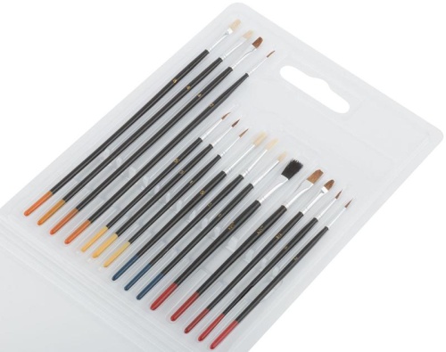 Кисть художественная натуральная щетина деревянная ручка плоские и круглая набор 15шт FIT 01535 фото 2