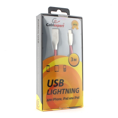 Кабель Cablexpert для Apple CC-G-APUSB01R-3M, AM/Lightning, серия Gold, длина 3м, красный, блистер | код CC-G-APUSB01R-3M | Cablexpert