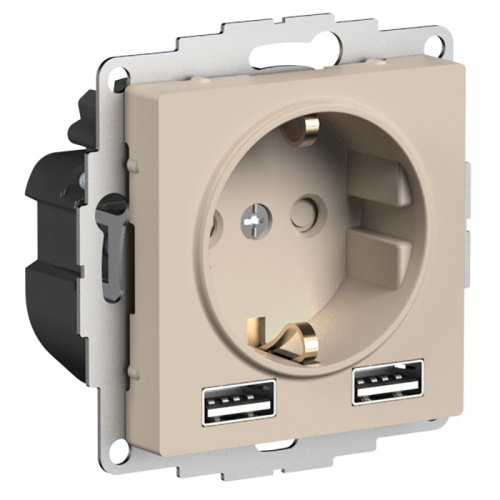 ATLASDESIGN РОЗЕТКА 16А c 2 USB A+A, 5В/2,4А, 2х5В/1,2А, механизм, ПЕСОЧНЫЙ | код ATN001230 | Systeme Electric
