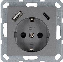 Розетка Schuko с USB A+C с защитными шторками 16A 250V~ 2P+T USB 25W, цвет Алюминий | код G5501USB-25S | Jasmart