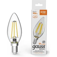 Лампа светодиодная филаментная LED 4.5 Вт 400 лм 2700К AC180-240В E14 свеча теплая Basic | код 1031115 | GAUSS