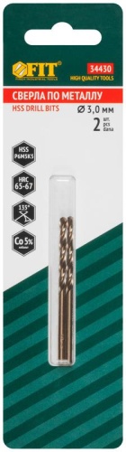 Сверла по металлу HSS с добавкой кобальта 5% Профи в блистере 3.0 мм (2 шт) | код 34430 | FIT фото 3 Сверла по металлу HSS с добавкой кобальта 5% Профи в блистере 3.0 мм (2 шт) | код 34430 | FIT фото 3