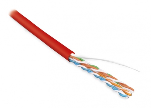 Кабель витая пара неэкран. U/UTP категория 5e 4 пары (24 AWG) одножильный (solid) LSZH нг(С)-HF красный, Hyperline UUTP4-C5E-S24-IN-LSZH-RD-100 (100 м) | код 273511 | Hyperline