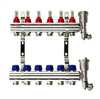 Коллекторная группа FHF-6RF set 6 контуров 1' х 3/4' с расходомерами, воздухоотводчиками и кронштейнами | код 088U0726R | Ридан