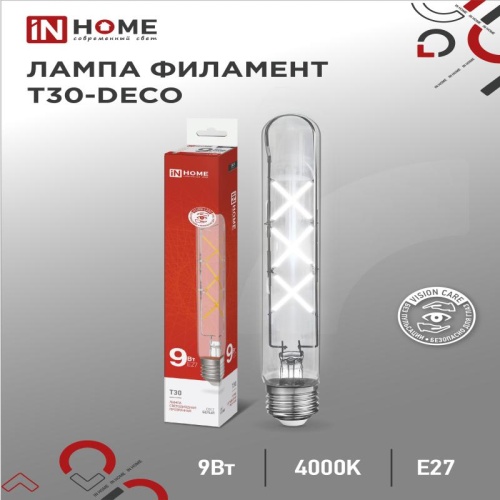 Лампа сд LED-T30-deco 9Вт Е27 4000К 1140Лм 225мм прозрачная IN HOME | код 4690612050881 | IN HOME