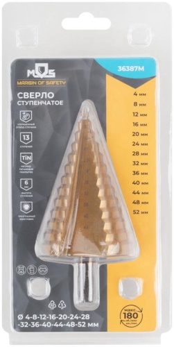 Сверло ступенчатое HSS по металлу, 13 ступеней 4-8-12-16-20-24-28-32-36-40-44-48-52 мм | код 36387М | FIT фото 3