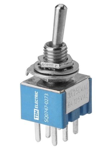 Переключатель-тумблер MTS-203-A2 Micro 2P 250В AC/DC 3А (6c) ON-OFF-ON с фиксацией TDM | код SQ0747-0273 | TDM