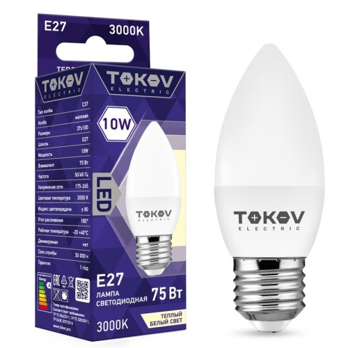 Лампа светодиодная 10Вт С37 3000К Е27 176-264В | код. TKE-C37-E27-10-3K | TOKOV ELECTRIC