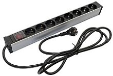 Hyperline SHZ19-8SH-S-2.5EU Блок розеток для 19 шкафов, горизонтальный, 8 розеток Schuko, выключатель с подсветкой, кабель питания 2.5м (3х1.5мм2) с вилкой Schuko 16A, 250В, 482.6x44.4x44.4мм (ШхГхВ), корпус алюминий | код 459583 | Hyperlin