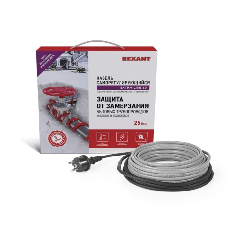 Кабель греющий саморегулирующийся REXANT Extra Line 25MSR-PB, на трубу, 8 м/200 Вт | код 51-0643 | REXANT