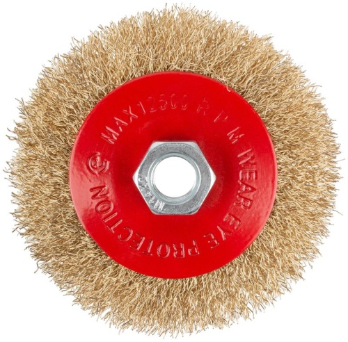 Корщетка-колесо с наклоном, гайка М14, стальная латунированная волнистая проволока 100 мм, блистер | код 39083 | FIT фото 2 Корщетка-колесо с наклоном, гайка М14, стальная латунированная волнистая проволока 100 мм, блистер | код 39083 | FIT фото 2