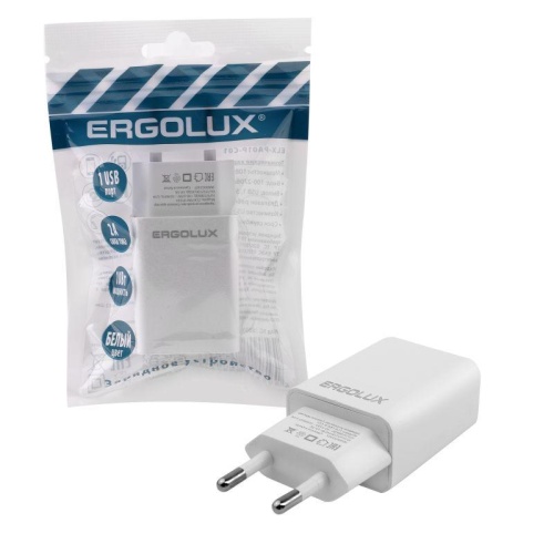 Адаптер сетевой 1USB 100-220В 5-9В/2А пакет бел. | код 15203 | Ergolux