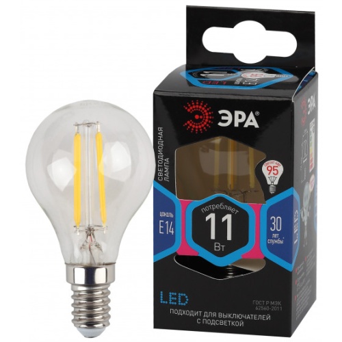 Лампа светодиодная филаментная F-LED P45-11W-840-E14 11Вт P45 шар 4000К нейтр. бел. E14 | Код. Б0047014 | ЭРА
