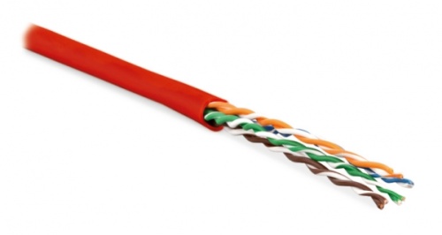 Кабель витая пара неэкранированная U/UTP категория 6 4 пары (24 AWG) многожильный (patсh) без разделителя LSZH нг(С)-HF красный, Hyperline UUTP4-C6-P24-NCR-IN-LSZH-RD-100 (100 м) | код 273531 | Hyperline