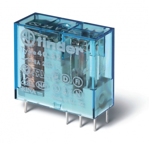 Миниатюрное универсальное электромеханическое реле, монтаж на печатную плату или в розетку, выводы с шагом 5мм, 2CO 8A, контакты AgNi+Au, катушка 12В DC, степень защиты RTII | код 405290125000 | FINDER