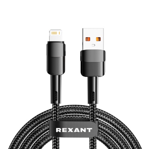 Кабель USB-A – Lightning для Apple, 2,4А, 1м, в черной нейлоновой оплетке REXANT | код 18-7060 | REXANT