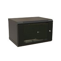 Шкаф настенный 19-дюймовый (19), 6U, 367x600х450мм, стеклянная дверь с перфорацией по бокам, ручка с замком, цвет черный (RAL 9004) (разобранный) | код 520237 | WRLine