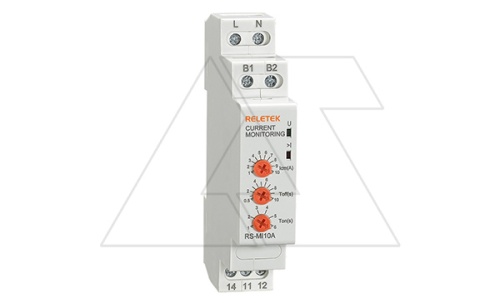 Реле контроля тока RS-MI10A, однофазное, In=10A(1_10A), 1CO, 8A(250VAC), 230VAC, Imax, Ton/off 1_6s/0.5_10s, память ошибки, 1M | код RS-MI10A | RELETEK