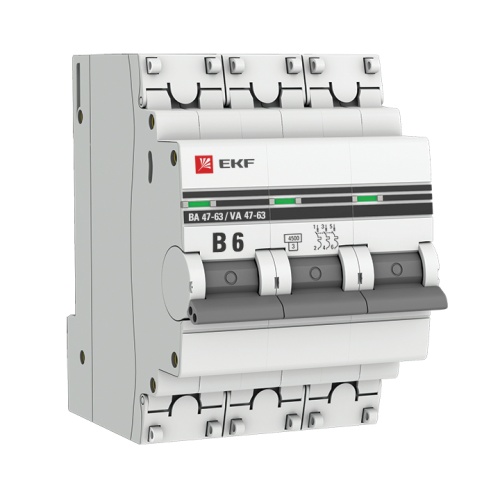 Автоматический выключатель 3P 6А (В) 4,5kA ВА 47-63 PROxima | код mcb4763-3-06B-pro | EKF