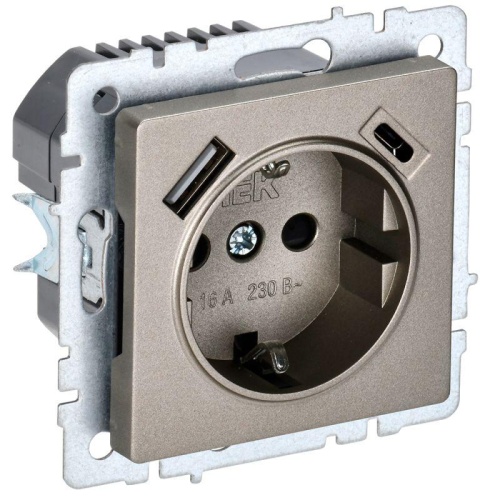 Розетка BRITE РЮш11-1-БрШ 16А с USB A+C 18Вт с заземл. защ. шторки шампань | код. BR-R14-16-U22-018-K37 | IEK