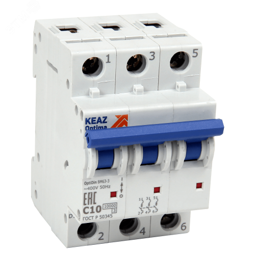 Выключатель автоматический трехполюсный 2А C 10кА AC OptiDin BM63-3C2-10-УХЛ3 | код 262769 | КЭАЗ