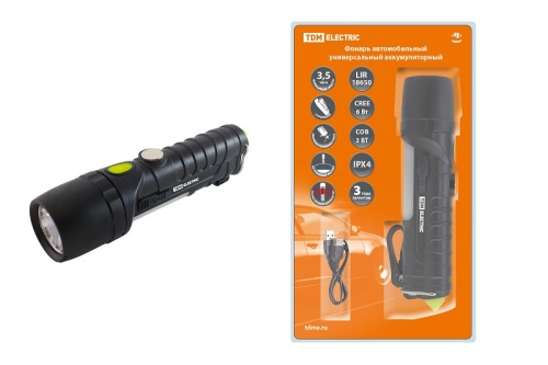 Фонарь автомоб. универс., 6 Вт CREE+3 Вт COB,1x18650 2200 мА*ч, магн., подвес, USB, стропорез,TDM | код SQ0350-0058 | TDM