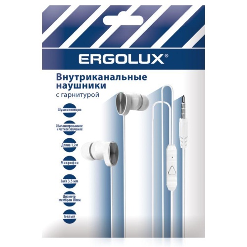 Наушники вакумные с микрофоном проводные ELX-WHP02P-C01 ПРОМО 3.5мм 1.2м пакет бел. | код 15279 | Ergolux
