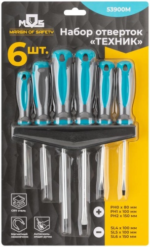 Набор отверток ''Техник'', на держателе, CrV сталь, прорезиненные ручки, 6 шт., PH0,1,2 + SL4,5,7 | код 53900М | FIT фото 3 Набор отверток ''Техник'', на держателе, CrV сталь, прорезиненные ручки, 6 шт., PH0,1,2 + SL4,5,7 | код 53900М | FIT фото 3