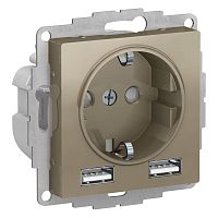 Розетка 3-м СП AtlasDesign 16А IP20 с 2-мя заряд. устройствами USB тип A+A 5В/2.4А 2х5В/1.2А механизм шампань | код ATN000530 | Schneider Electric