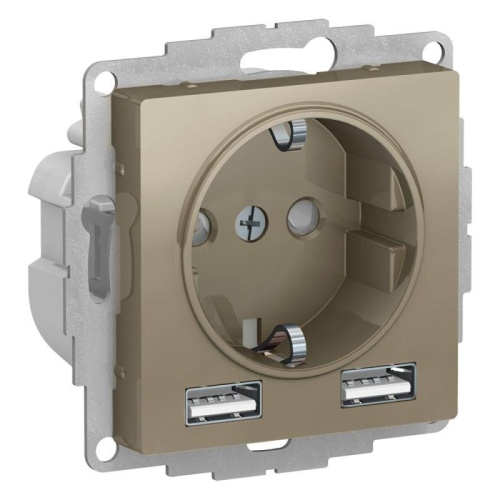 Розетка 3-м СП AtlasDesign 16А IP20 с 2-мя заряд. устройствами USB тип A+A 5В/2.4А 2х5В/1.2А механизм шампань | код ATN000530 | Schneider Electric