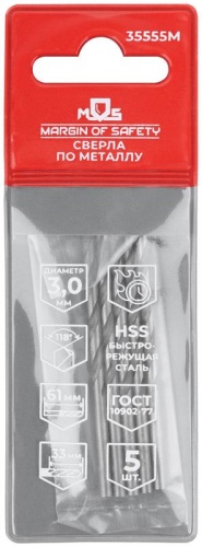 Сверла по металлу HSS, угол заточки 118град, 3,0X61 мм, (5 шт.) | код 35555М | FIT фото 3