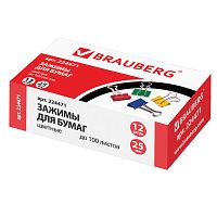 Зажимы для бумаг BRAUBERG, КОМПЛЕКТ 12 шт., 25 мм, на 100 листов, цветные, картонная коробка, 224471 | код 224471 | BRAUBERG