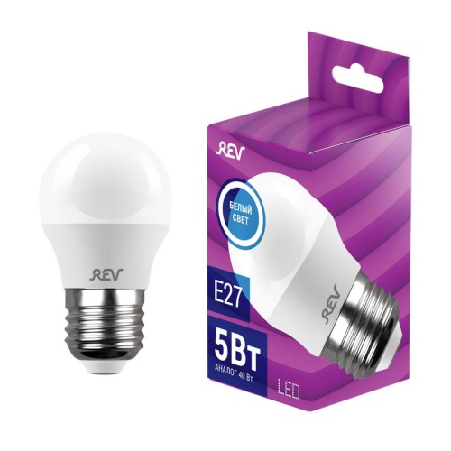 Лампа светодиодная LED-G45-E27-5Вт-4000K 5Вт шар 4000К нейтр. бел. E27 375лм 180-240В | код 32263 4 | REV