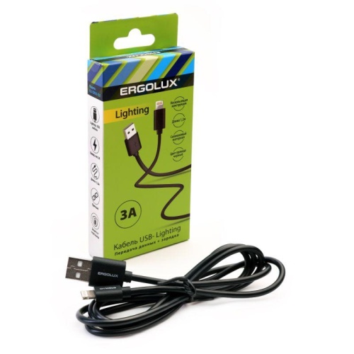 Кабель USB-Lightning 3А 1.2м зарядка + передача данных черн. (коробка) ERGOLUX | код 15096 | Ergolux
