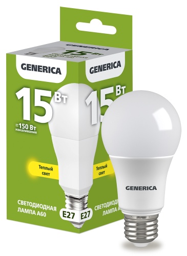 Лампа светодиодная A60 груша 15Вт 230В 3000К E27 GENERICA | код LL-A60-15-230-30-E27-G | IEK