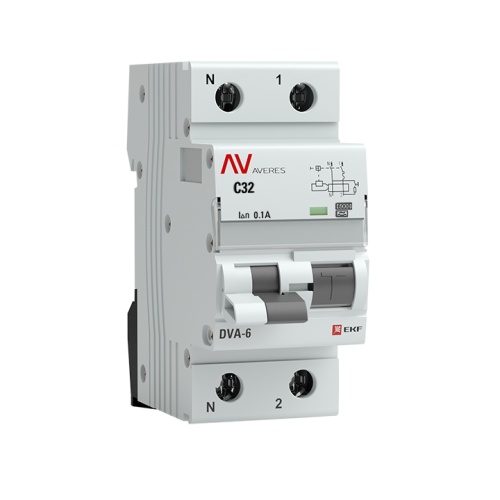 Дифференциальный автомат DVA-6 1P+N 32А (C) 100мА (A) 6кА AVERES | код rcbo6-1pn-32C-100-a-av | EKF