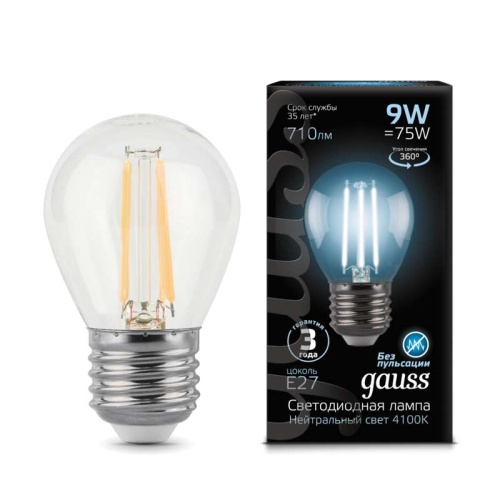 Лампа светодиодная филаментная Black Filament 9Вт шар 4100К E27 | Код. 105802209 | Gauss