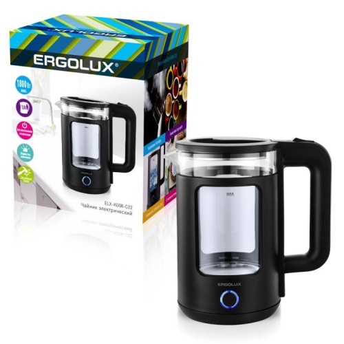 Чайник электрический ELX-KG08-C02 стекло/пластик 1.8л 220-240В 1800Вт черн. ERGOLUX | код 15333 | Ergolux