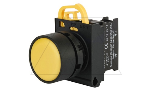 Кнопка плоская PB3E, желтая, с фиксацией, без подсветки, 1NO, 6A 230VAC/24VDC, 22mm, IP65 | код PB3E-FT0S10S00/Y00 | АРТ
