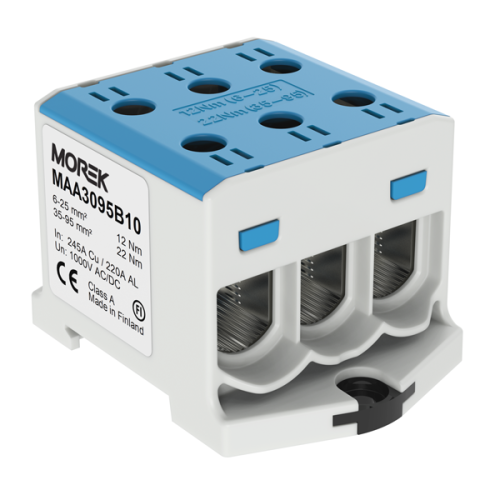 Клемма Morek OTL95-3 синяя, 3xAl/Cu 6_95mm?, 245(CU)/220(AL)A на клемму, 1000V, винтовые зажимы | код MAA3095B10 | MOREK