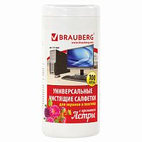 Чистящие салфетки BRAUBERG для экранов и пластика, с ароматом АСТРА, в тубе 100 шт., влажные, 511689 | код 511689 | BRAUBERG