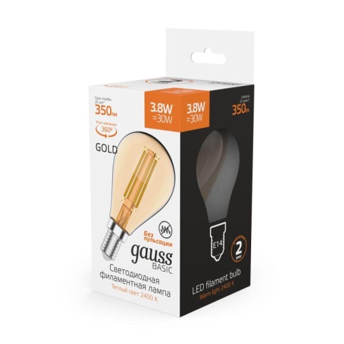 Лампа светодиодная филаментная LED 3.8 Вт 350 лм 2400К шар P45 теплый E14 AC 220В золотистая колба Basic Gauss | код 1057154 | Gauss фото 5 Лампа светодиодная филаментная LED 3.8 Вт 350 лм 2400К шар P45 теплый E14 AC 220В золотистая колба Basic Gauss | код 1057154 | Gauss фото 5