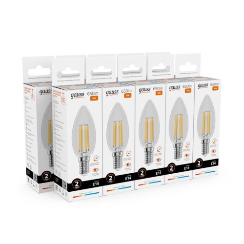 Лампа светодиодная филаментная LED 10 Вт 650 лм 2700К свеча теплый E14 AC 220В прозрачная колба Elementary Gauss | код 32110 | Gauss фото 2 Лампа светодиодная филаментная LED 10 Вт 650 лм 2700К свеча теплый E14 AC 220В прозрачная колба Elementary Gauss | код 32110 | Gauss фото 2