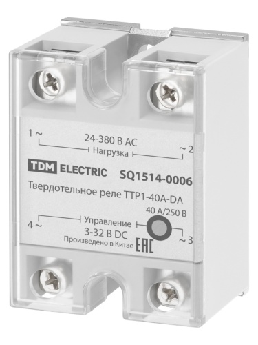 Твердотельное реле ТТР1-40А-DА, 1ф, 40А, упр: 3-32В DС, нагр: 24-380В АС TDM | код SQ1514-0006 | TDM