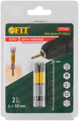 Набор бит кованые сталь S2 односторонние 50мм PH3 профи блистер (уп.2шт) FIT 57506 фото 3