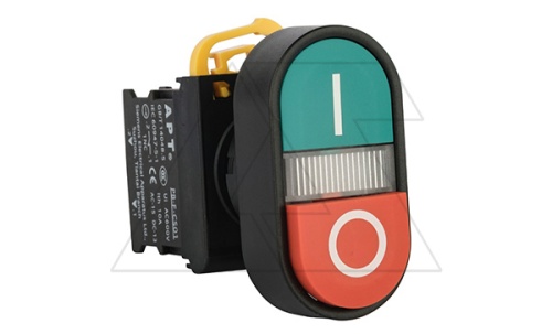 Кнопка двойная PB3E, красный/зеленый, выступ./плоская, 1NO+1NC, 6A 230VAC/24VDC, с подсветкой без LED, 22mm, IP65 | код PB3E-DM1S11RS1/w00 | АРТ
