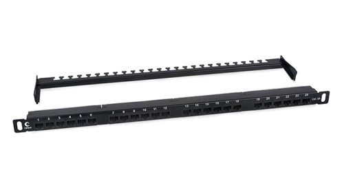 Cabeus PLHD-24-Cat.6a-Dual-180-0,5U Патч-панель высокой плотности 19 (0,5U), 24 порта RJ-45, категория 6a, Dual IDC,180 градусов, с задним кабельным организатором | код 9665c | Cabeus
